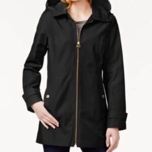 MICHAEL KORS Zip Up Blk/Gold Hardware Raincoat Jacket W/Pockets & Logo Zip Pull